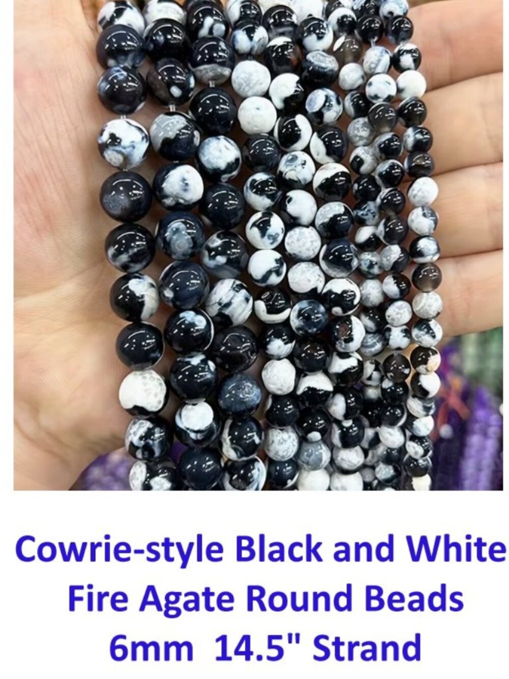 Cowrie-style Black and White Fire Agate Round Beads, 6mm Natural Stone Beads